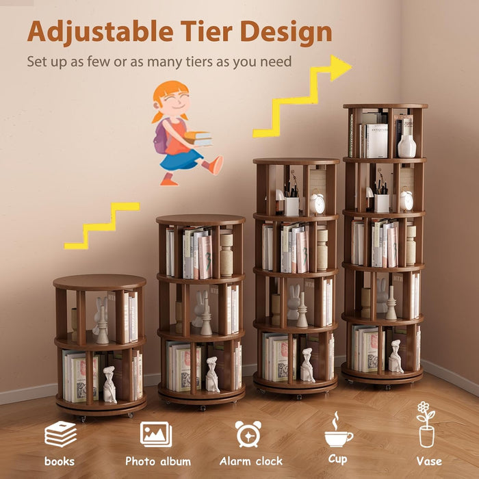 5 Tier Solid Wood Rotating Bookshelf Tower on Wheels, Walnut