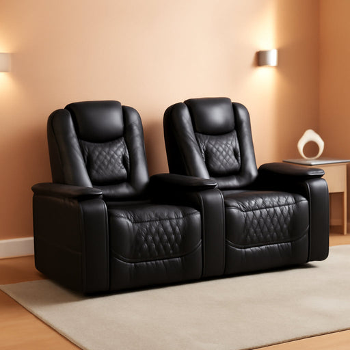 Power Recliner Chair with USB Ports and Cup Holders - Overstuffed Electric Home Theater Seating PU Leather Reclining Furniture with Hidden Arm Storage, Easy to Clean (Set of 2, Black)
