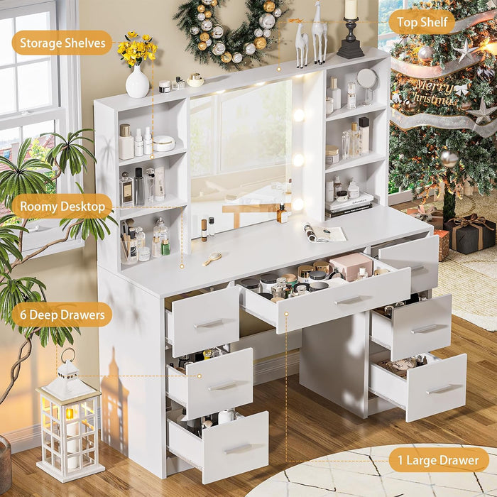 Vanity Desk with Mirror and Lights, Power Outlet, Makeup Vanity with 7 Drawers and 6 Shelves, Dressing Vanity Table Vanity Set for Bedroom, White