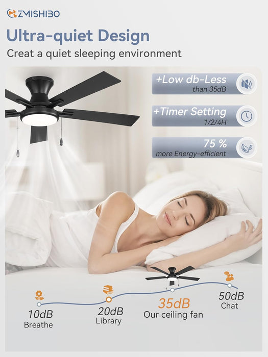 52Inch Ceiling Fans with Lights, Low Profile Ceiling Fan with Pull Chain and Remote Control, Flush Mount, Reversible, Dimmable, Noiseless, Black Pull Cord Ceiling Fan for Bedroom
