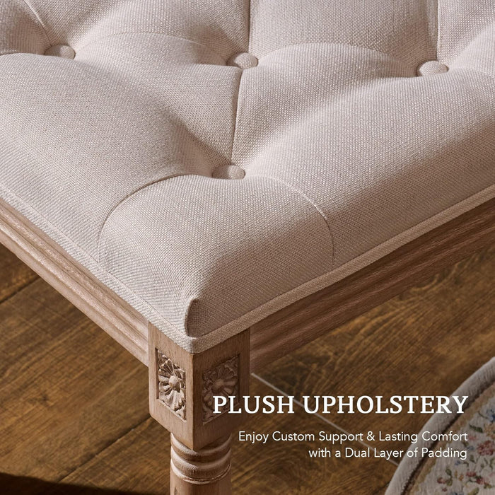 Ottoman Stool, 18.5 in High, Beige, with Padded Seat, Wood Frame, Button Tufted, for Dining, Living Room, Bedroom, Piano, Dressing, Vanity, Foot Rest