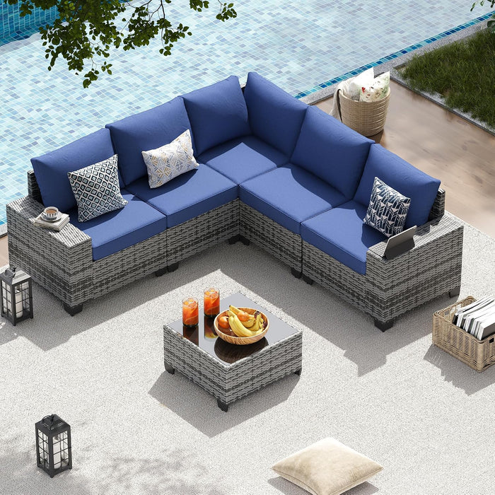 6 PCS Patio Furniture Set, Outdoor Sectional All-Weather Wicker Conversation Set with Swivel Rocker Chairs, 4'' Thick Cushions for Backyard Poolside(Navy/Grey)
