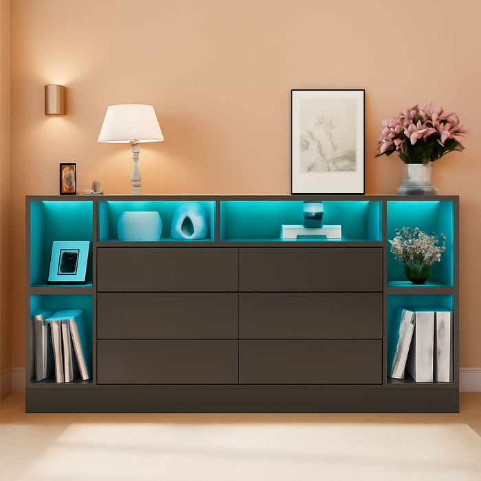 6 Drawers Dresser with 6 Open Storage Cubbies, LED Dressers & Chests of Drawers with Power Outlet, 55" Wide Long Dresser for Bedroom, Modern TV Stand with Open Shelf (Black)