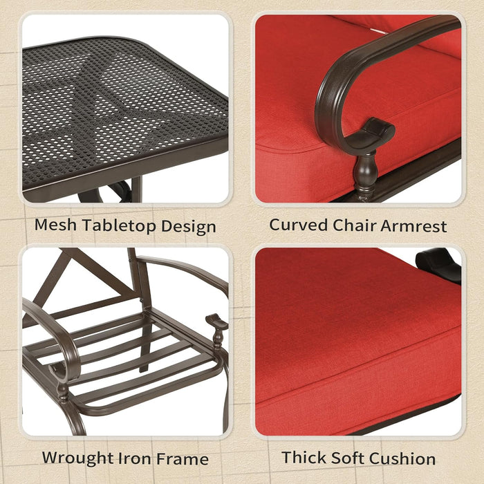 4Pcs Metal Outdoor Furniture Patio Conversation Set (Loveseat and Coffee Table, 2 Dining Chair) -Wrought Iron Patio Chair Set with Cushions (Red)