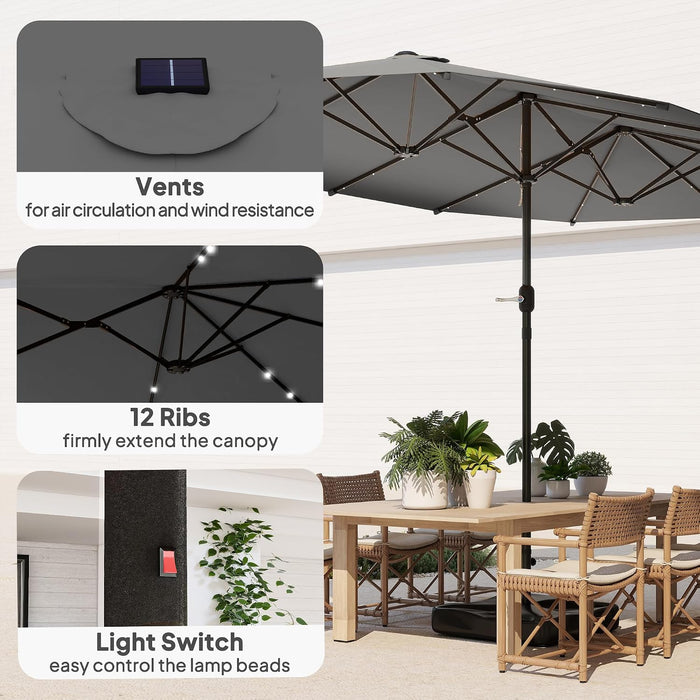14.4Ft Large Patio Umbrella with 36 Solar LED Lights, Double Sided Outdoor Umbrella with Base Included