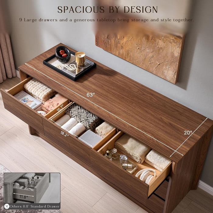 63 Inch 9 Drawer Dresser for Bedroom, 20" Depth for More Storage