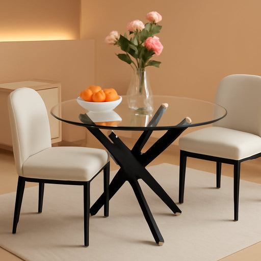 35.5" Glass Dining Table for 4, round Tempered Glass Kitchen Table | Modern Circle Glass Dinner Table with Black Metal Legs for Space Saving Dining Room Apartment Home Office