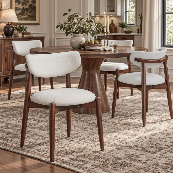 Wooden Dining Chairs Set of 4, Upholstered Dining Room Chairs with Curved Backrest, Mid Century Modern Fabric Kitchen Chair Foot Pegs, Upgrade with Taller Chair Legs, Cream & Walnut Legs