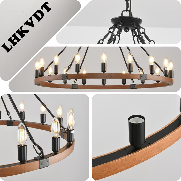 38”Wooden Wagon Wheel Chandelier,Black Vintage 18 Light Rustic round Hanging Light Fixture,Industrial Country Ceiling Light Used in the Farmhouse,Hallway,Foyer,Living Room,Dining Room