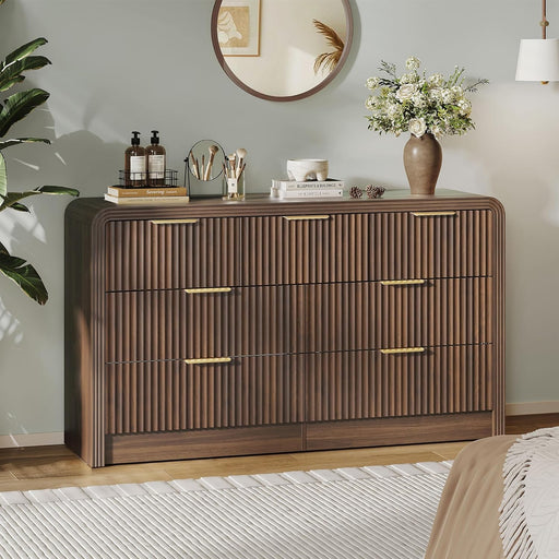 Fluted Drawers Dresser for Bedroom, Wood Dressers with Gold Handles, Modern Dressers with Wave Texture, Large Storage Chest of Drawers, Bedroom Dresser Organizer 55'' & 7 Drawers (Walnut)