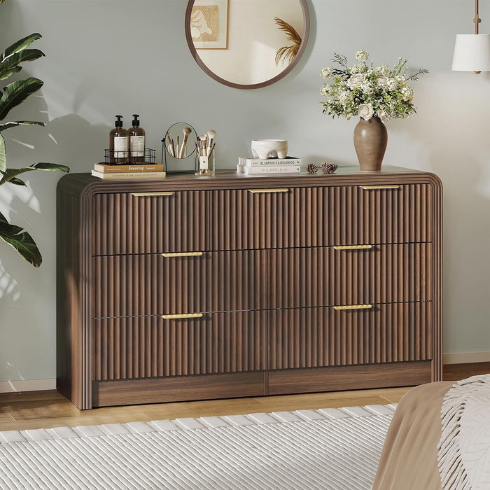 Fluted Drawers Dresser for Bedroom, Wood Dressers with Gold Handles, Modern Dressers with Wave Texture, Large Storage Chest of Drawers, Bedroom Dresser Organizer 55'' & 7 Drawers (Walnut)