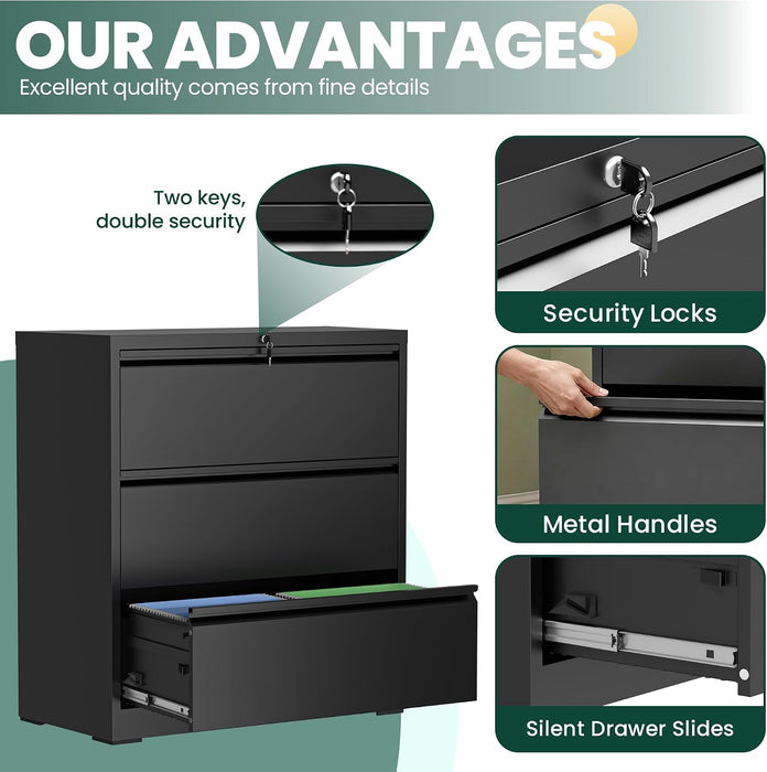 3 Drawer Lateral File Cabinet with Lock, File Cabinet for Home Office,Black