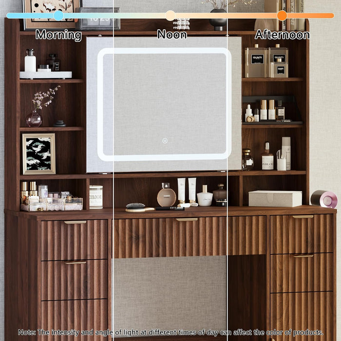 43.3" Fluted Vanity Desk with Mirror and Lights, Wood Makeup Vanity Desk with Charging Station & Mobile Mirror, Modern Dressing Table with Adjustable Shelves & Jewelry Hooks for Girls, Women, Walnut