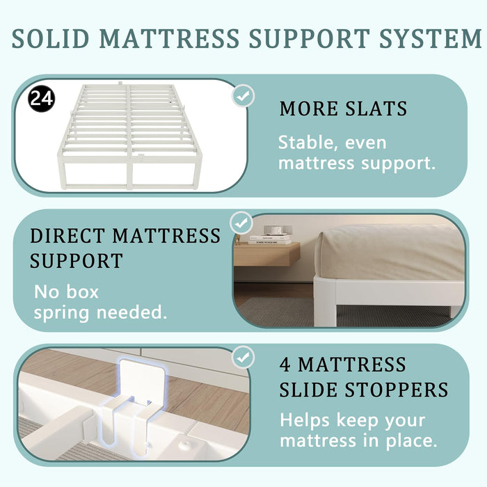 Queen Bed Frame, 16 in Reinforced Heavy Duty Metal Platform Bed, White