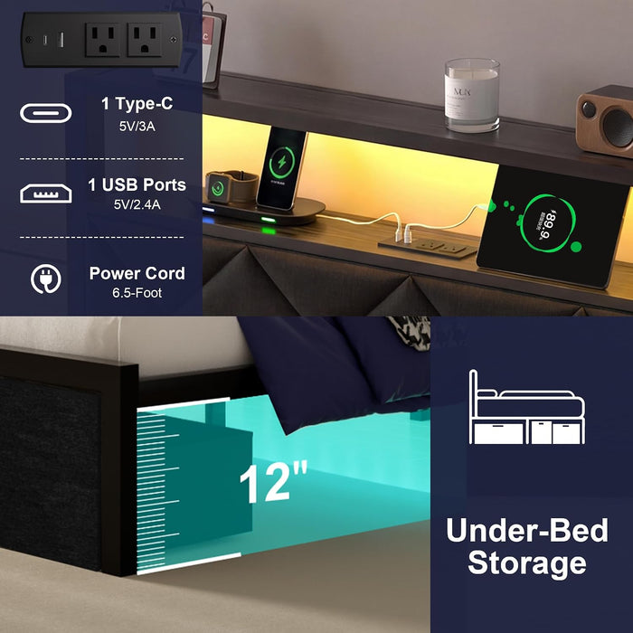 Full Bed Frame with LED Lights, Charging Station & 2 Storage Drawers, Metal Platform with Upholstered Headboard, No Box Spring Needed, Easy Assembly