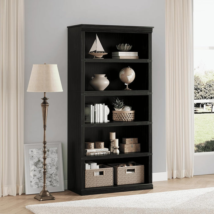 5 Tier Farmhouse Bookcase, 67.4" Tall Book Shelf with Storage