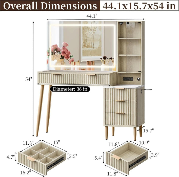 Fluted Makeup Vanity Desk with Mirror and Lights, Modern Glass Top Vanity Table with Charging Station, 5 Drawers & Shelves, 3 Color Modes, Wood Dressing Table for Bedroom, Oak