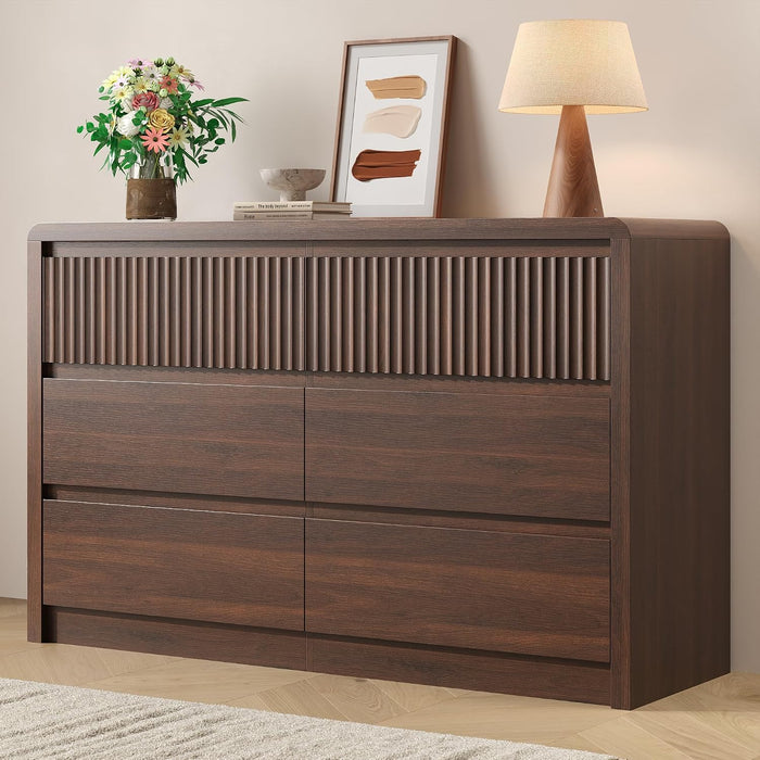 Fluted 6 Drawer Dresser for Bedroom, 50” Wide Dresser & Chest of Drawers with Curved Profile Design, Wood Mid Century Dressers for Bedroom, Living Room, Walnut