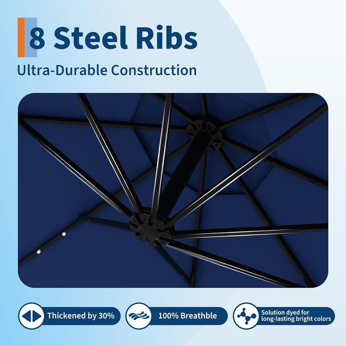 10FT Solar Lights Offset Patio Umbrella with Cross Base, Cantilever Umbrella with Easy Lift & Tilt Adjustment, 8 Ribs Sun Umbrella UV Protection for Backyard, Pool, Garden