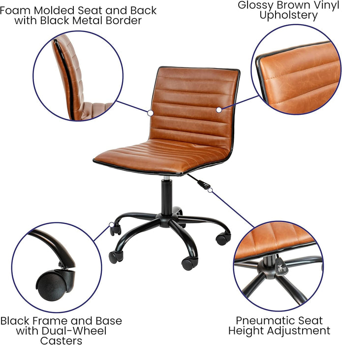 Alan Low-Back Ribbed Upholstered Vinyl Swivel Desk Chair with Padded Seat, Modern Adjustable Height Padded Office Chair, Brown