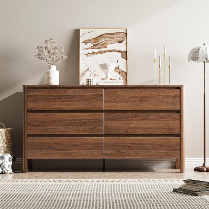 Walnut 6 Drawer Dresser for Bedroom, 55"Wide Modern Wood Dresser