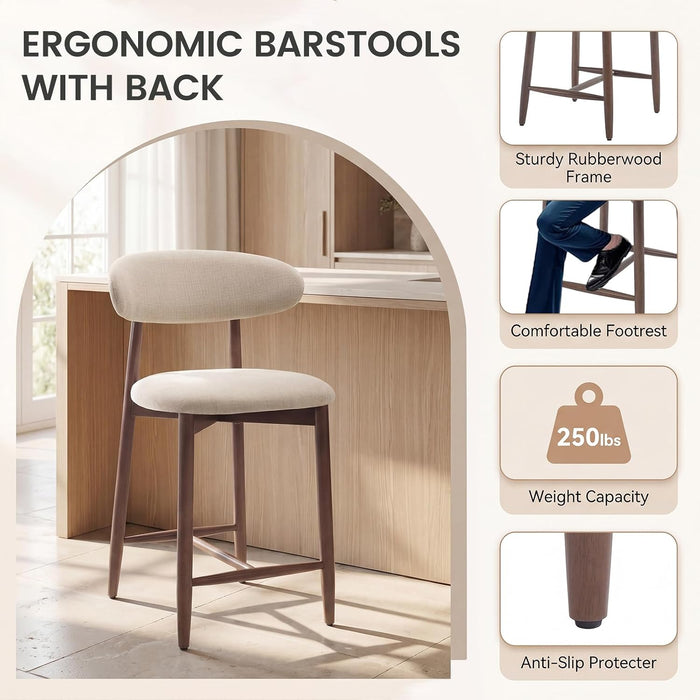 Counter Height Bar Stools Set of 3, Kitchen Bar Stools with Back, Mid Century Modern Upholstered Barstools with Wood Legs for Kitchen Island Dining Room, Beige