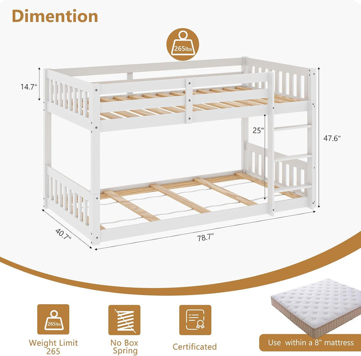 Low Profile White SolidWood TwinOver BunkBed Guardrails