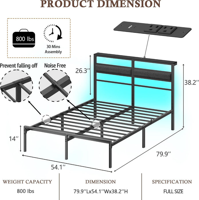 Full Size Bed Frame with LED Lights & Charging, Black Platform Bed