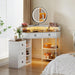 Corner Vanity Desk with Rotating Mirror and Lights,Glass Top Makeup Vanity with Human Body Senor&Charging Station,Led Vanity Table Set with 5 Drawers and Shelves for Bedroom