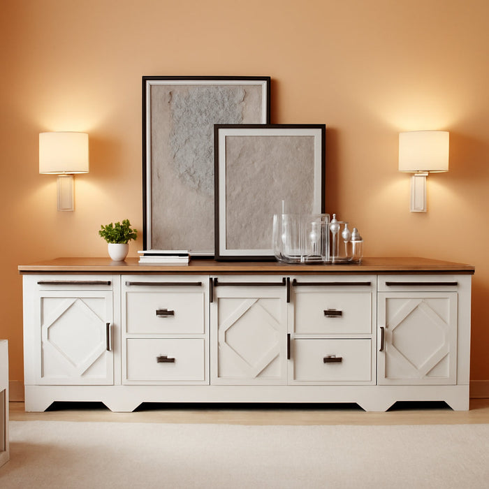 98.4" Wide TV Stand for Tvs up to 110",Faux Bark Finish Wood Entertainment Center with 4 Drawers and Adjustable Shelvs for Living Room,Antique White