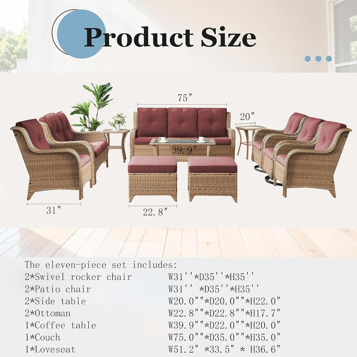 Outdoor Furniture Set: 11 PCS Patio Furniture Set with Outdoor Swivel Rocker Patio Chairs, Yellow/Red