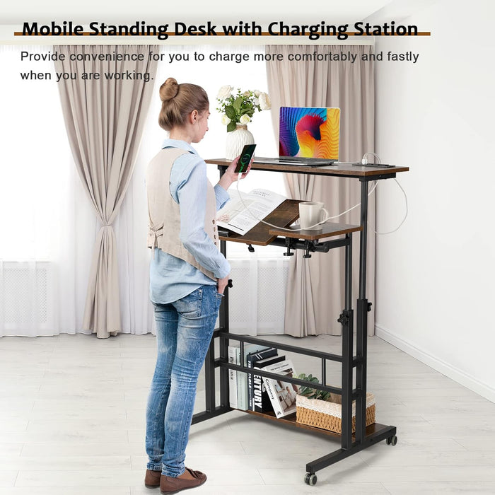 Mobile Standing Desk Adjustable Height, Rolling Desk Stand up Desk, Mobile Laptop Desk, Rolling Computer Desk with Charging Station, Portable Desk with Wheels, Rustic Brown