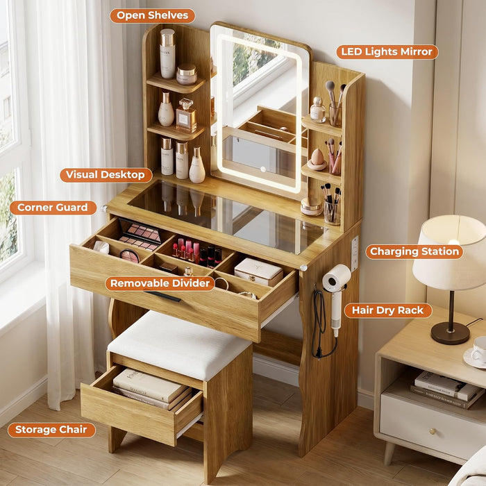 Compact Vanity Desk With Multifunctional Illuminated Mirror