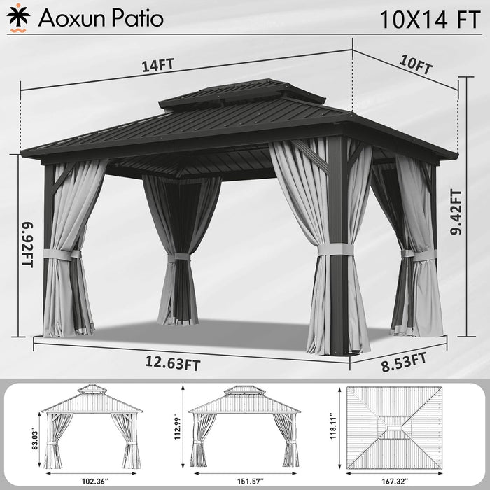 10' X 14' Hardtop Gazebo, Aluminum Metal Outdoor Gazebo with Galvanized Steel Double Roof, Permanent Patio Pavilion with Breathable Netting and Curtains for Dining, Wedding, Party