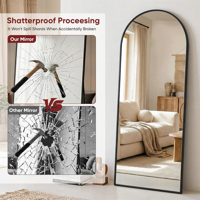 Full Length Floor Mirror Arched Standing Mirror with Aluminum Frame - Freestanding Wall Mount Leaning Body Mirror for Bedroom Living Room Entryway, 71" L X 28" W, Black