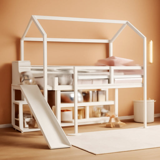 White Twin Loft Bed WithOverheadStorageCompartments