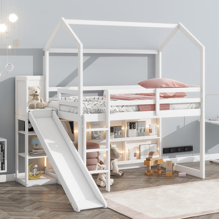 White Twin Loft Bed WithOverheadStorageCompartments