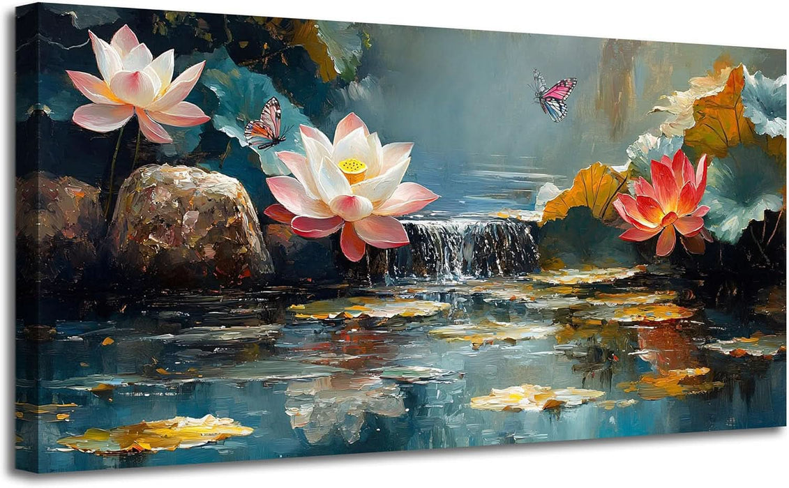 Lotus Canvas Wall Art for Living Room, Zen Yoga Wall Decor Landscape Painting Textured Artwork for Christmas Gift Spa Bedroom Hallway Kitchen Office Home Decor 58"X29"