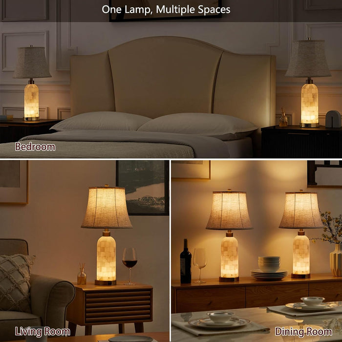 25" Natural Alabaster Table Lamps Set of 2 with LED Night Light