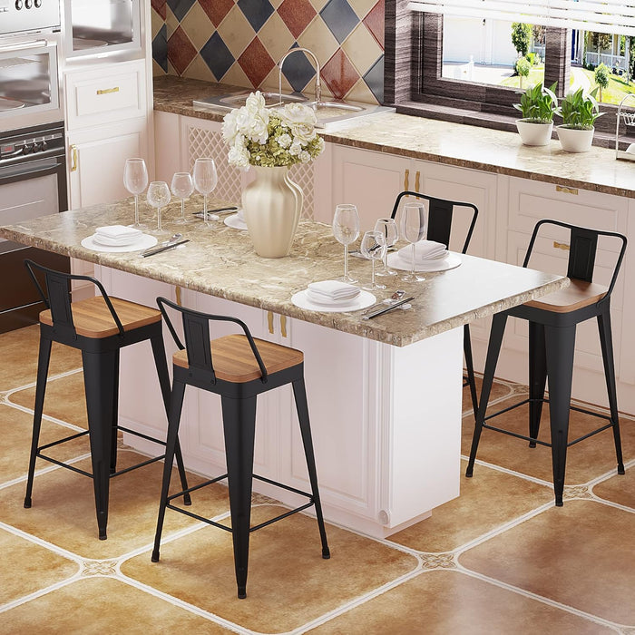 Bar Stools Set of 4 Metal Bar Stool Counter Height Bar Stools Black, Modern 24" Bar Chairs with Back and Wooden Seat Bar Stool Counter Height