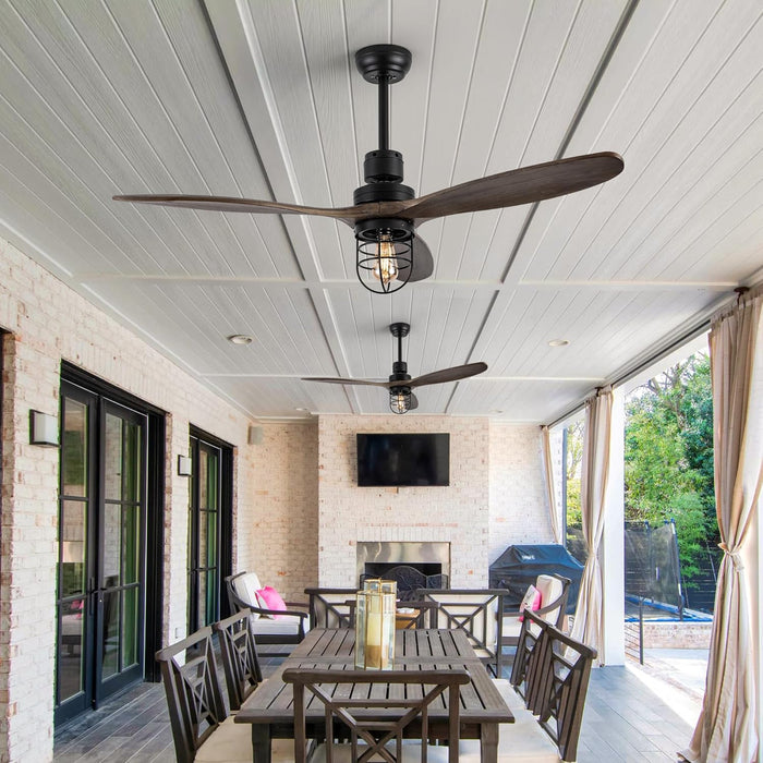 52 Inch Rustic Outdoor Ceiling Fan with Light and Remote, 3 Wood Blades, Include Bulbs Modern Black Farmhouse Industrial Ceiling Fan for Outdoor Ceiling Fans for Patios,Porch,Bedroom