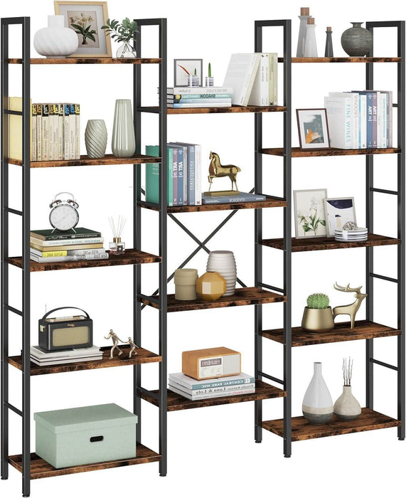 Triple Column 5 Tier Bookshelf, Industrial Large Bookcase Display Shelves, Large Etagere Bookshelf,Wide Book Shelf Book Case for Home & Office, Rustic Brown
