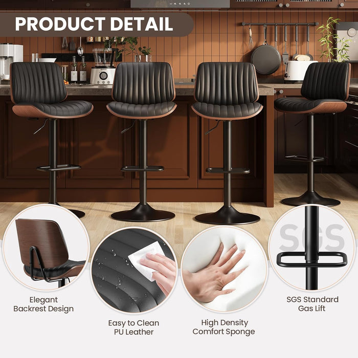 Bar Stools Set of 1, Adjustable Counter Height Bar Chairs 26"-34.5" with Swivel & Footrest, Modern Faux Leather Barstools for Kitchen Island, Dining Room,Pub,Black