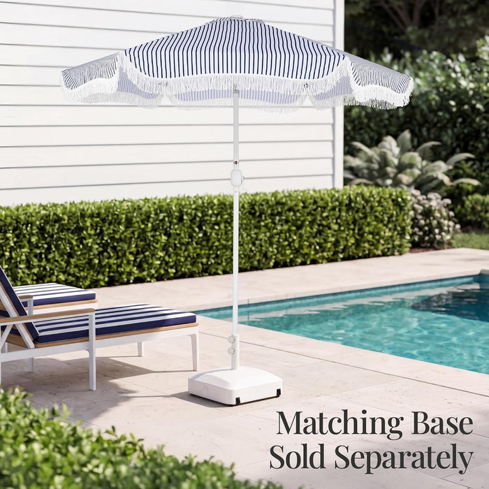Best Choice Products 9Ft Fringe Market Patio Umbrella – Outdoor Boho Tassel Sunshade for Table, Pool, Deck, Backyard – UPF50+, Easy Tilt, Heavy Duty Steel Pole & Ribs - Navy Pinstripe