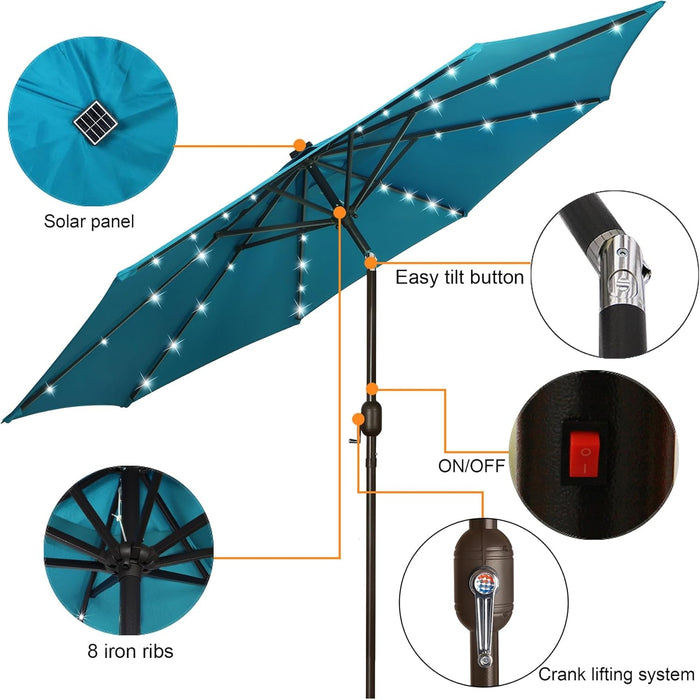 9 Ft Solar Umbrella 32 LED Lighted Patio Umbrella Table Market Umbrella with Tilt and Crank Outdoor Umbrella for Garden, Deck, Backyard, Pool and Beach (Cerulean)