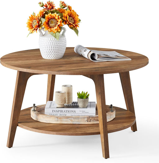 MAEZO Collection - round Coffee Table, 2-Tier Center Table with Storage, Tapered Legs, Curved Transitions, 31.5 Dia. X 17.7 H Inches, Easy Assembly, for Living Room, Honey Brown ULCT243K41