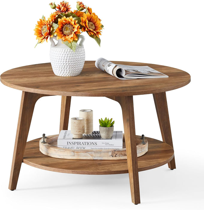 MAEZO Collection - round Coffee Table, 2-Tier Center Table with Storage, Tapered Legs, Curved Transitions, 31.5 Dia. X 17.7 H Inches, Easy Assembly, for Living Room, Honey Brown ULCT243K41