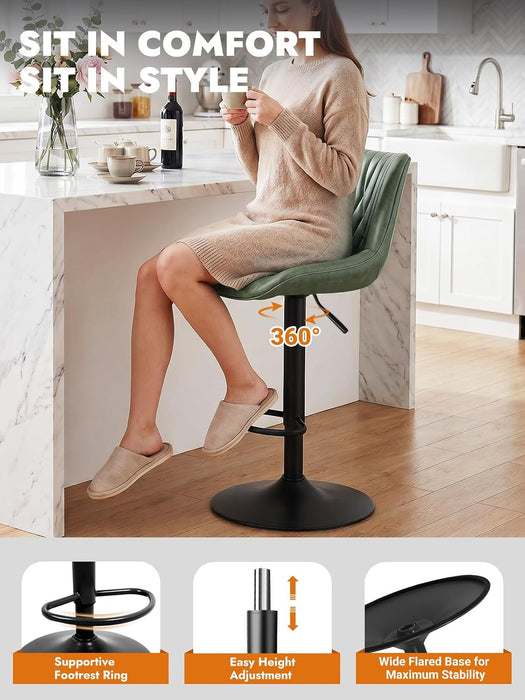 Swivel Bar Stools Set of 2, Height Adjustable Counter Height Bar Stools with Open Back and Footrest, Premium Faux PU Leather, Modern Upholstered Bar Chairs for Kitchen Island/Bar/Counter, Green