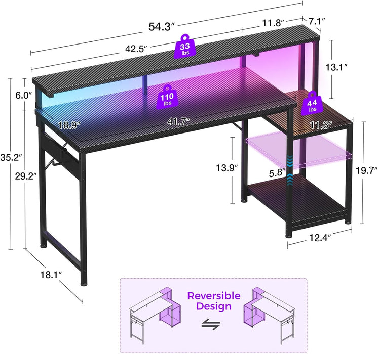 55 Inch Gaming Desk with LED Lights, Computer Desk with Storage Shelves, Reversible Desk with Monitor Stand, Carbon Fiber Black