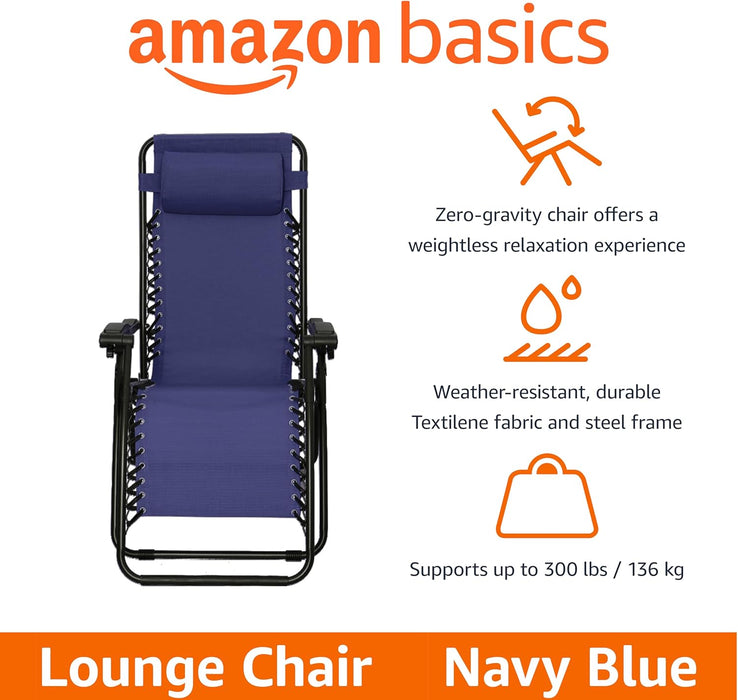 Zero Gravity Lounge Chair with Pillow, Foldable Outdoor Reclining Chair for Patio and Beach, Weather-Resistant Textilene, 300 Lb Capacity, 26", Navy Blue